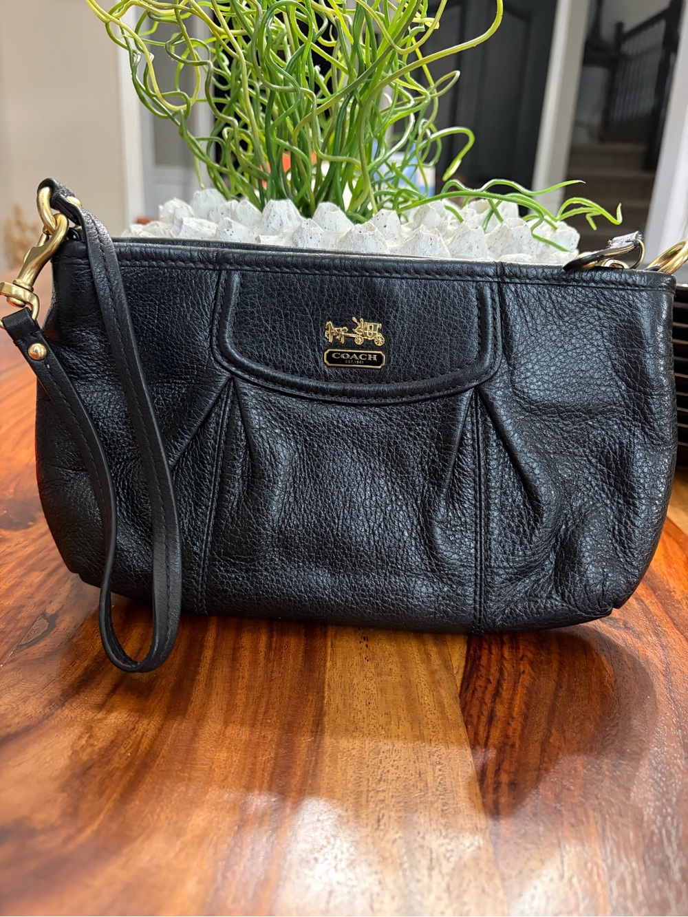 Coach Black Pebbled Leather Wristlet with Gold-Tone Logo